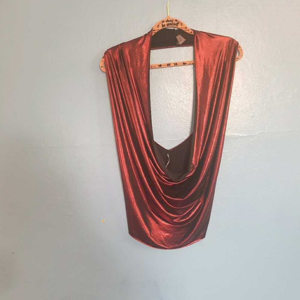 🌟Red metallic cowl neck shirt. Size L